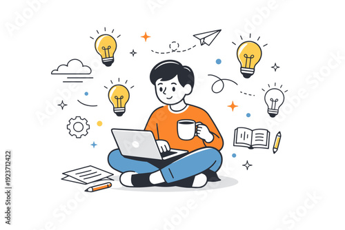 Independent brainstorming moment. A character sits comfortably with a laptop and coffee, surrounded by light bulbs and abstract elements representing ideas