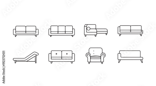 Set of Line Art Sofas and Chaise Lounge Icons | Furniture Collection