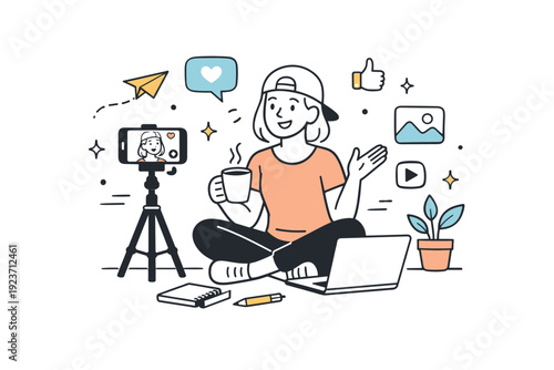 Influencer lifestyle. Person creating content with a smartphone on a tripod, calm editorial scene showing everyday creativity and online