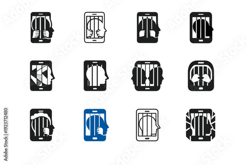The impact of social media on mental health. Icon set. Set Logo of The impact of social media on mental health: mind trapped in phone. harmonious