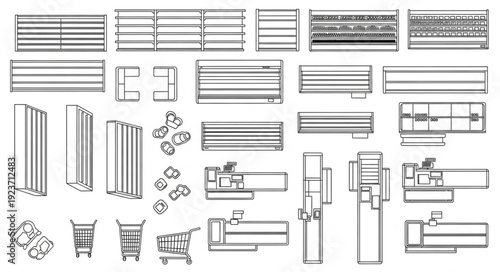 Architectural drawings showcasing various building components and structural designs in detailed technical illustrations.