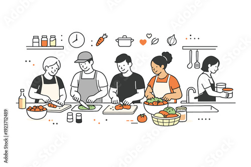 Urban community kitchen prep scene. Residents working together in a clean shared kitchen space, calmly chopping vegetables and organizing ingredients. The