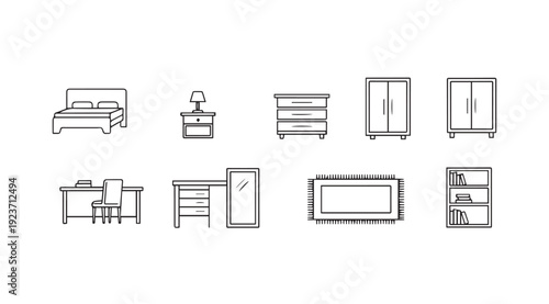 Set of Linear Furniture Icons for Bedroom and Office Decor