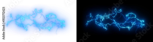 PNG  image of Blue Lightning Bolt Isolated on Black. Abstract Electric Arc Overlay, High Voltage Energy Flash, and Thunderbolt Effect Texture.