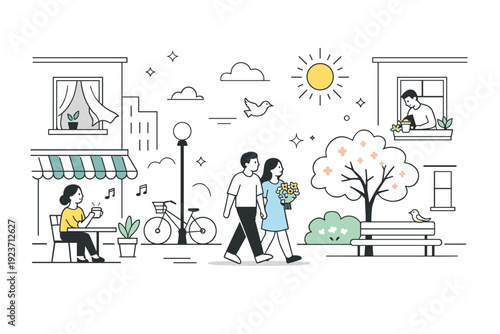 Spring city street scene. Warm sunlight reflecting on building facades, open windows and light curtains, sense of renewal and quiet optimism. Minimalist flat