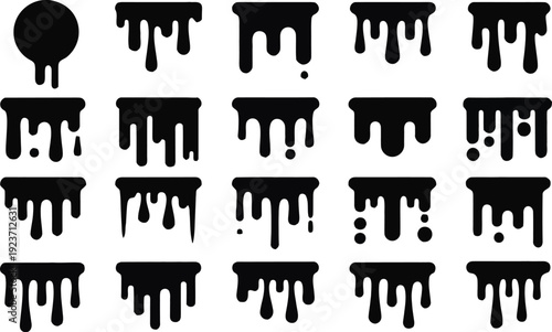 A diverse collection of black liquid dripping shapes and blob silhouettes on a clean white background