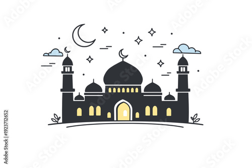 Mosque at night. A peaceful night scene showing a simplified mosque silhouette under a calm sky, with soft lights glowing from within, symbolizing prayer and
