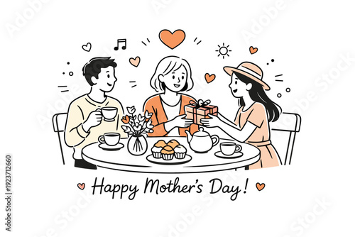 Spring cafe celebration. Small group enjoying fresh pastries and tea under soft sunlight, gentle blooms on table, welcoming and festive mood.