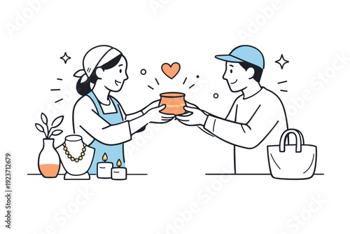 Craft market interaction. A maker handing a handmade item to a customer, friendly exchange and human connection. Small decorative shapes highlight warmth and