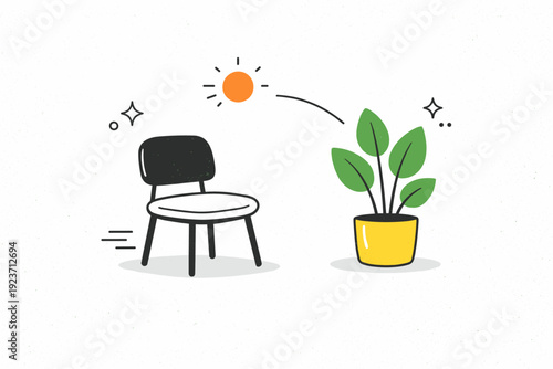 Film-like grain aesthetics. Minimal scene with a chair and plant, soft sunlight and light grain overlay adding nostalgic tone. Calm, textured stillness with