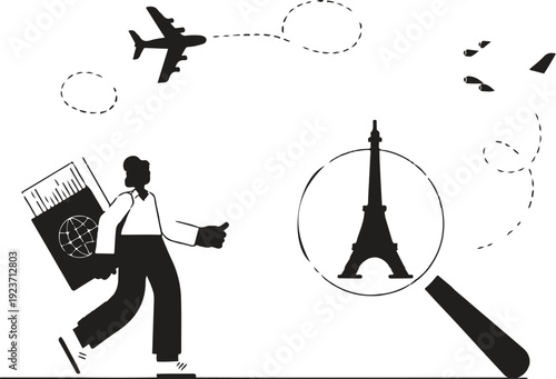 Tourism and travel illustration, tourist man with airplane flying over France landmarks, European travel concept, flat vector style, colorful, isolated on white background