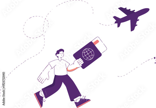European vacation concept, tourist character with airplane and famous France attractions, travel and tourism theme, flat cartoon vector, high resolution, isolated elements
