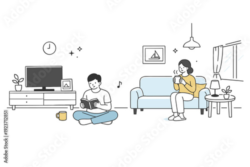 Soft natural light realism. Wide minimal scene with sunlight gently filling an uncluttered room. Sense of air, quiet, and everyday realism. Minimalist flat