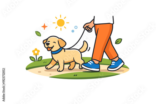 Spring dog walk a happy dog strolling beside its owner along a simple path with fresh leaves and soft sunlight, expressing calm joy and seasonal renewal. A