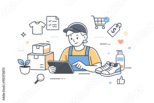 Running an online store. A business owner arranging products for upload on a tablet, thoughtfully checking inventory and descriptions. The mood is organized