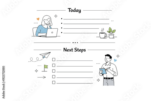 Work journaling for reflection. Journal page with simple headings like ?Today? and ?Next steps,? clean and intentional layout. Planning forward with calm