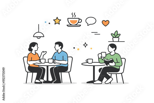 Third place cafe icon. A cozy cafe space icon with simple tables, cups, and relaxed human silhouettes, suggesting casual meetings and everyday social life.