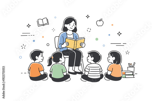 Classroom reading time. Teacher reading a book aloud to attentive students, floating subtle decorative dots and abstract stars highlighting