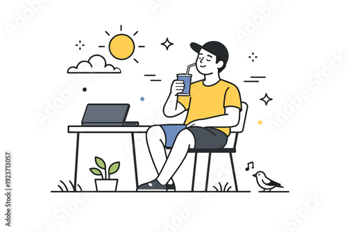 Summer breaks between work sprints. A worker enjoys a brief outdoor break with a cold drink, laptop closed on the desk nearby. Calm transition moment between