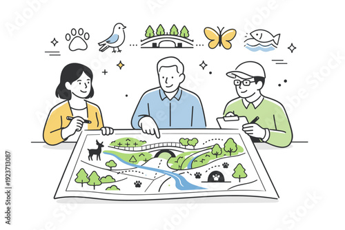 City planning for wildlife. Urban planners discussing a blueprint with bridges, green zones, and animal pathways, emphasizing thoughtful urban ecosystem