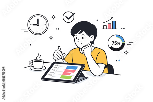 Time-blocking daily schedules. A person organizing their day with colored time blocks on a digital calendar, calmly planning tasks step by step.