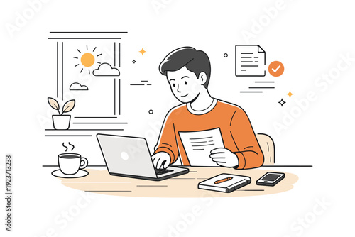 Cafe remote work scene. Individual reviewing documents and typing on laptop near a window with soft morning light, serene and focused mood. Clean editorial