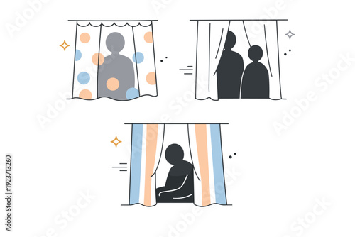 People through curtains as abstract presence. Simplified human shapes are visible behind patterned or plain curtains, focusing on form rather than detail. Calm