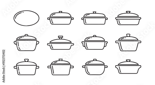 Various Casserole Dishes and Pots Outline Icons Set, Kitchenware Collection