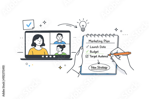 Note-taking during strategy calls. Calm online meeting with handwritten notes, checkmarks, and arrows appearing near the screen. Visual metaphor for capturing