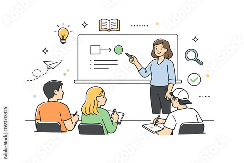 Teacher explaining a lesson. A teacher pointing at a whiteboard while students take notes, subtle floating line icons and abstract shapes