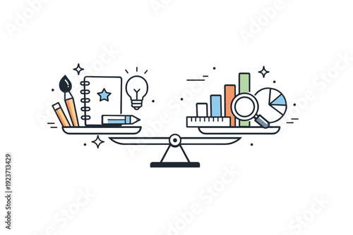 Creative and analytical tools. A minimal editorial composition combining creative icons like a brush and notebook with analytical symbols like charts and
