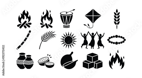 Black and white cultural festival set with campfire drum kite wheat pots food dancing flames