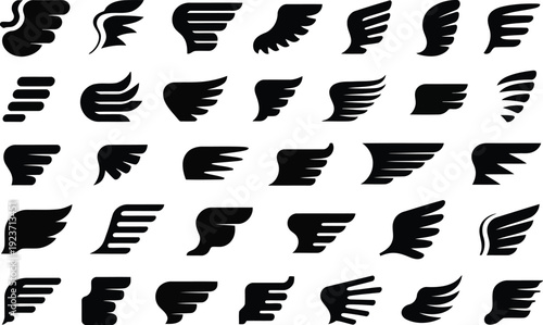 A large collection of minimalist black silhouette wing designs on a clean white background displaying various styles