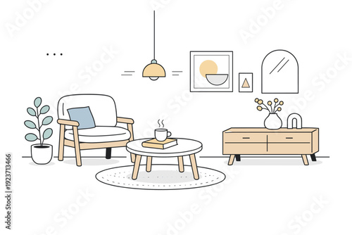 Minimal calm lifestyle setting. Neutral furniture shapes and gentle decor arranged in a serene composition. Order, calmness, and modern simplicity. Minimalist