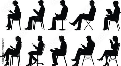 Silhouette people sitting on chairs, using smartphones, reading books, modern lifestyle, digital technology, sedentary behavior, communication, connectivity, diversity