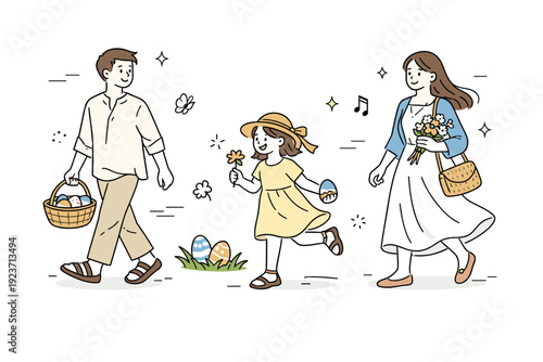Easter natural textile outfits. Outdoor spring walk with people in breathable natural outfits, gentle movement of fabric in the breeze, eggs and flowers subtly