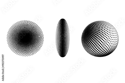 Halftone circular dot texture pattern A circular-based halftone texture tile with radial dot structure depicted in front view, side view, and three-quarter