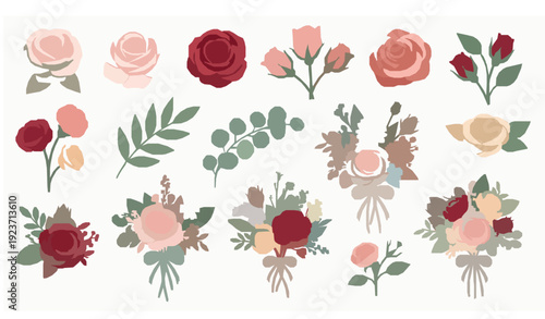 Elegant Rose and Floral Bouquet Collection with Leaves Flat Vector Illustration on White