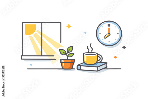 Spring window light warm morning rays falling across minimal interior elements, expressing comfort, clarity, and the peaceful start of a spring day. A clean