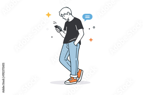 Imperfect posture realism. A person standing while checking a phone, weight shifted to one leg, back slightly curved. Casual imbalance and relaxed modern