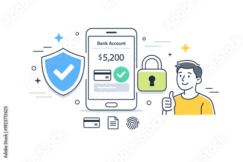 Secure and transparent banking. A mobile interface with shield and lock icons, accompanied by a smiling user, abstract floating stars and lines conveying trust
