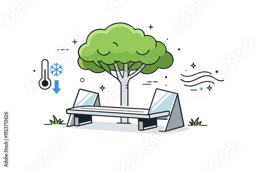 Cooling street furniture. A modern bench integrated with natural shade from trees and reflective surfaces, abstract icons of temperature drops and breeze lines