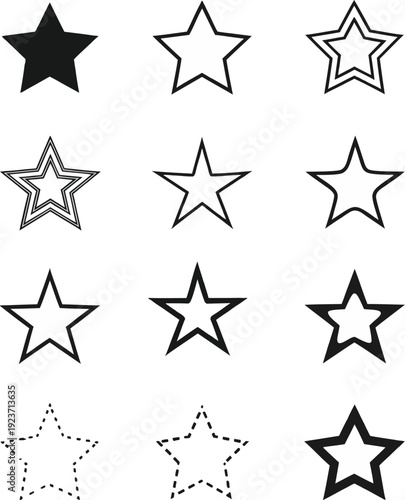 12 Modern Star Icons – Solid, Outline, Dashed Vector Shapes. Set of star symbols isolated