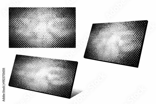 Comic halftone panel texture noise pattern A noise-based halftone panel texture is depicted as a single object shown from three different views: flat front