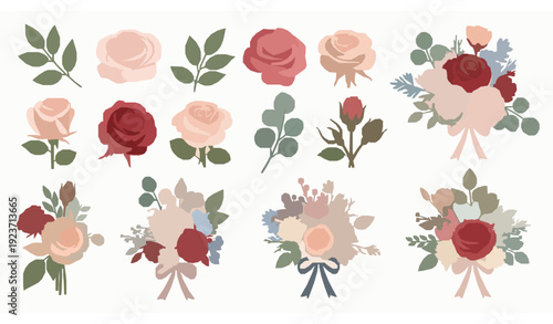 Elegant Rose and Floral Bouquet Collection with Leaves Flat Vector Illustration on White