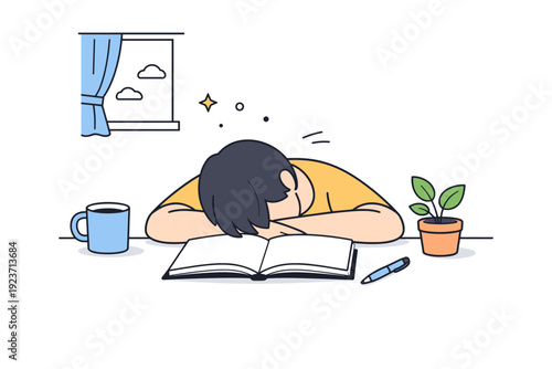 Everyday boredom realism. Person resting their head on a desk, notebook open but untouched, soft window light casting calm shadows. Gentle depiction of mundane