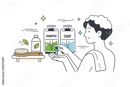 Eco-friendly shower setup. A person using a refillable shampoo and soap dispensers, bamboo brush nearby, abstract stars and motion lines emphasizing