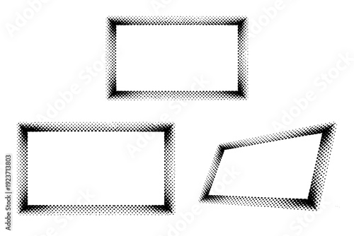 Halftone dotted minimal frame A single minimal dotted frame object shown in three views including centered view, expanded view, and three-quarter angled view.