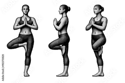 Yoga pose icon. A single yoga pose icon shown in three views: front view, side view, and three-quarter view, clearly defining human figure posture and limb