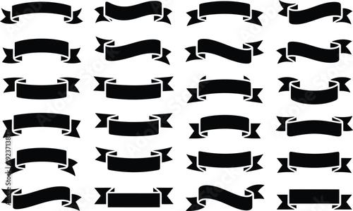 An assortment of sleek black ribbon and banner elements arranged on a bright white canvas